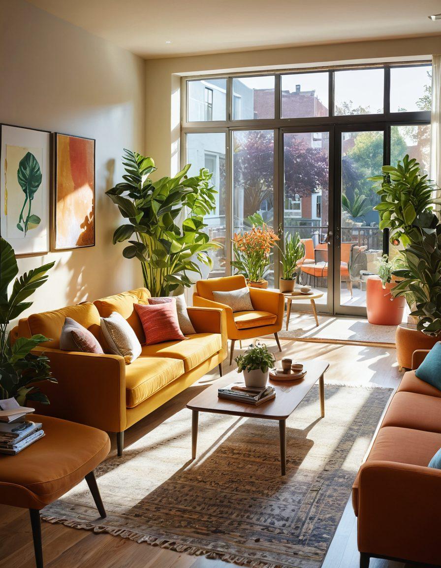 An inviting modern living room bathed in warm sunlight, featuring cozy furniture, vibrant potted plants, and happy residents enjoying their space. Include elements of community, like a window view showing neighbors chatting outside and children playing in the background. Bright colors to evoke positivity and warmth. super-realistic. vibrant colors. bright atmosphere.