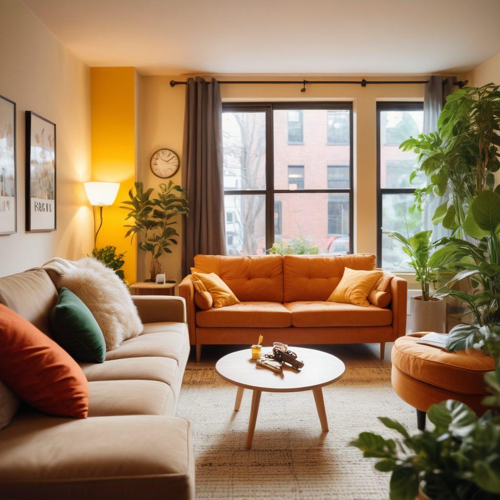 A cozy urban apartment with warm lighting, showcasing happy tenants relaxing on a comfortable sofa, surrounded by tasteful decor. In the background, a friendly landlord holding keys, symbolizing satisfaction in rental experiences. Incorporate a welcoming neighborhood with greenery and a 'For Rent' sign nearby, blending a sense of community and affordability. super-realistic. vibrant colors. soft focus.