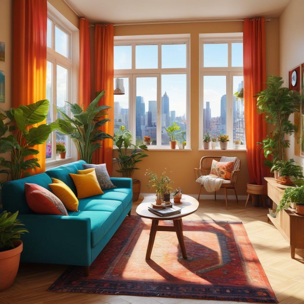 A sunlit, cheerful apartment interior featuring large windows with colorful curtains, potted plants, and cozy furnishings. Include joyful people enjoying the space, relaxed and smiling, with vibrant decor that radiates happiness. Add warm colors and a glimpse of a bustling city outside to reflect a lively atmosphere. super-realistic. vibrant colors. cozy ambiance.